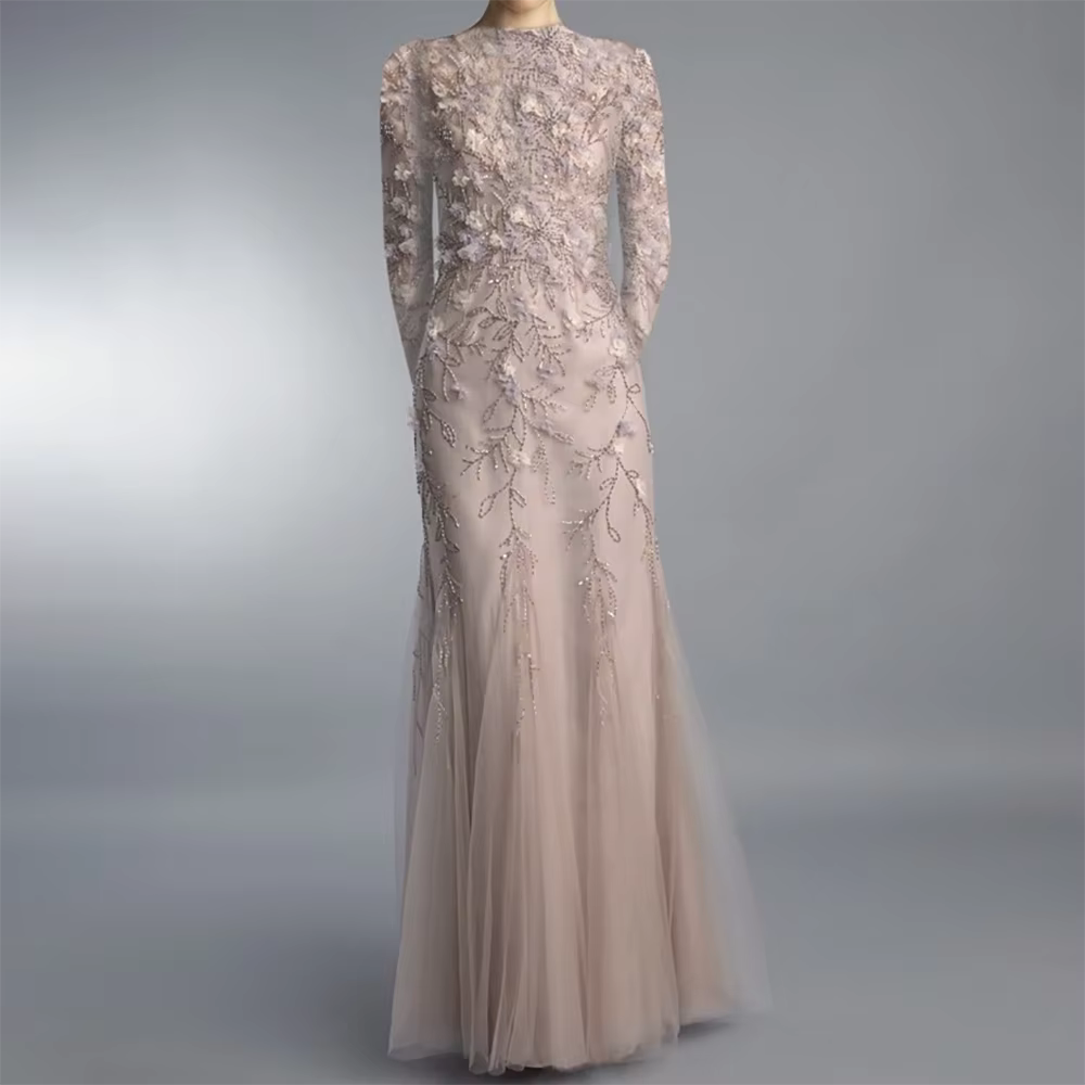 Robe Sirène Élégante à Fleurs en Tulle, Tenue de Soirée Longue Brodée, Col Rond, Manches sulf