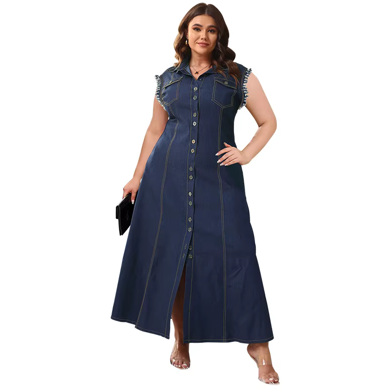 Robe longue en jean pour femme, coupe trapèze, sans manches, élégante, style Y2K streetwear, avec em