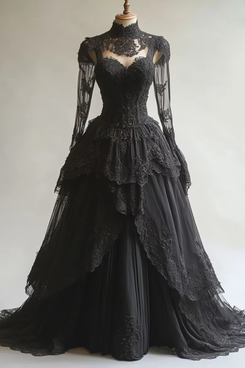 Robe de mariée noire vintage personnalisée, manches longues, appliques en dentelle, robe de patients