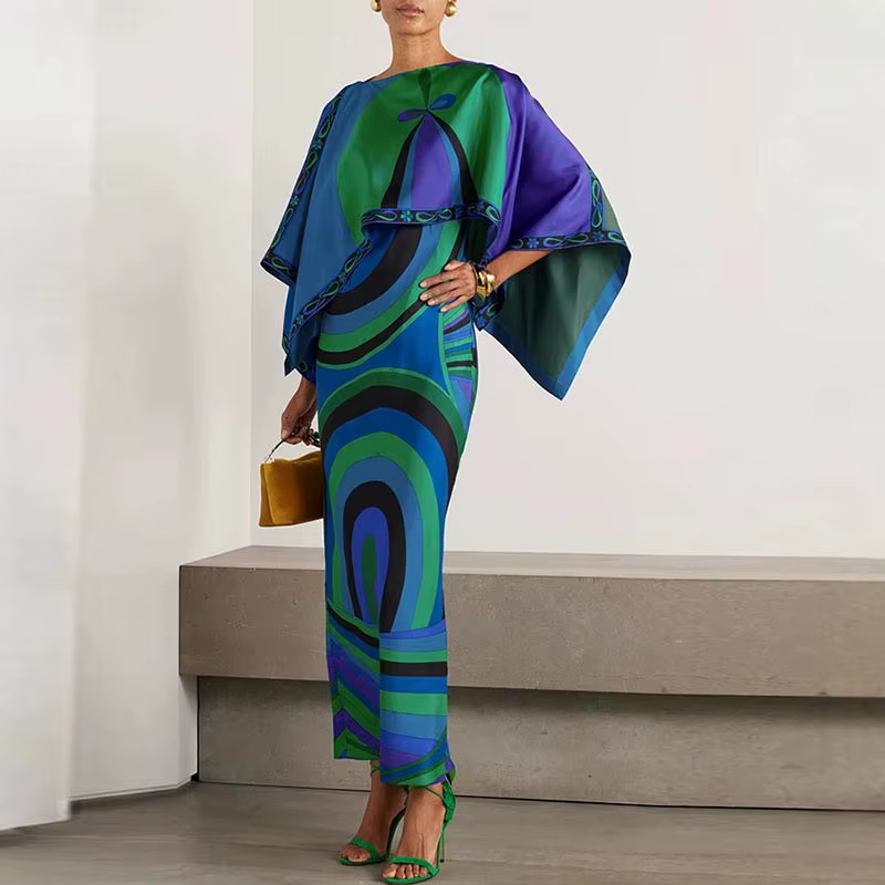 Nouvelle Robe Longue Élégante Imprimée pour Femme, Col Rond Sans Manches, Coupe Slim, Style Cape, Te