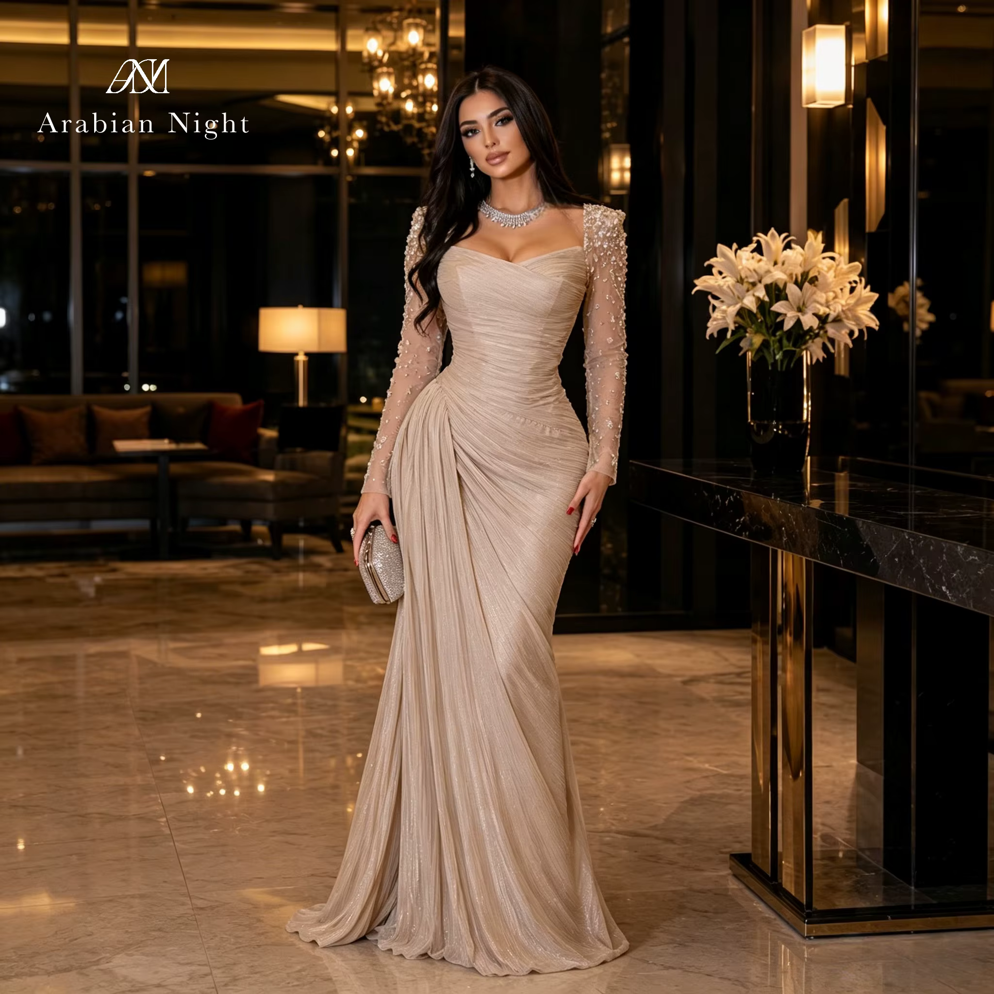 Robe de soirée élégante multicolore, sans bretelles, à manches longues, longueur au sol, style sirèn