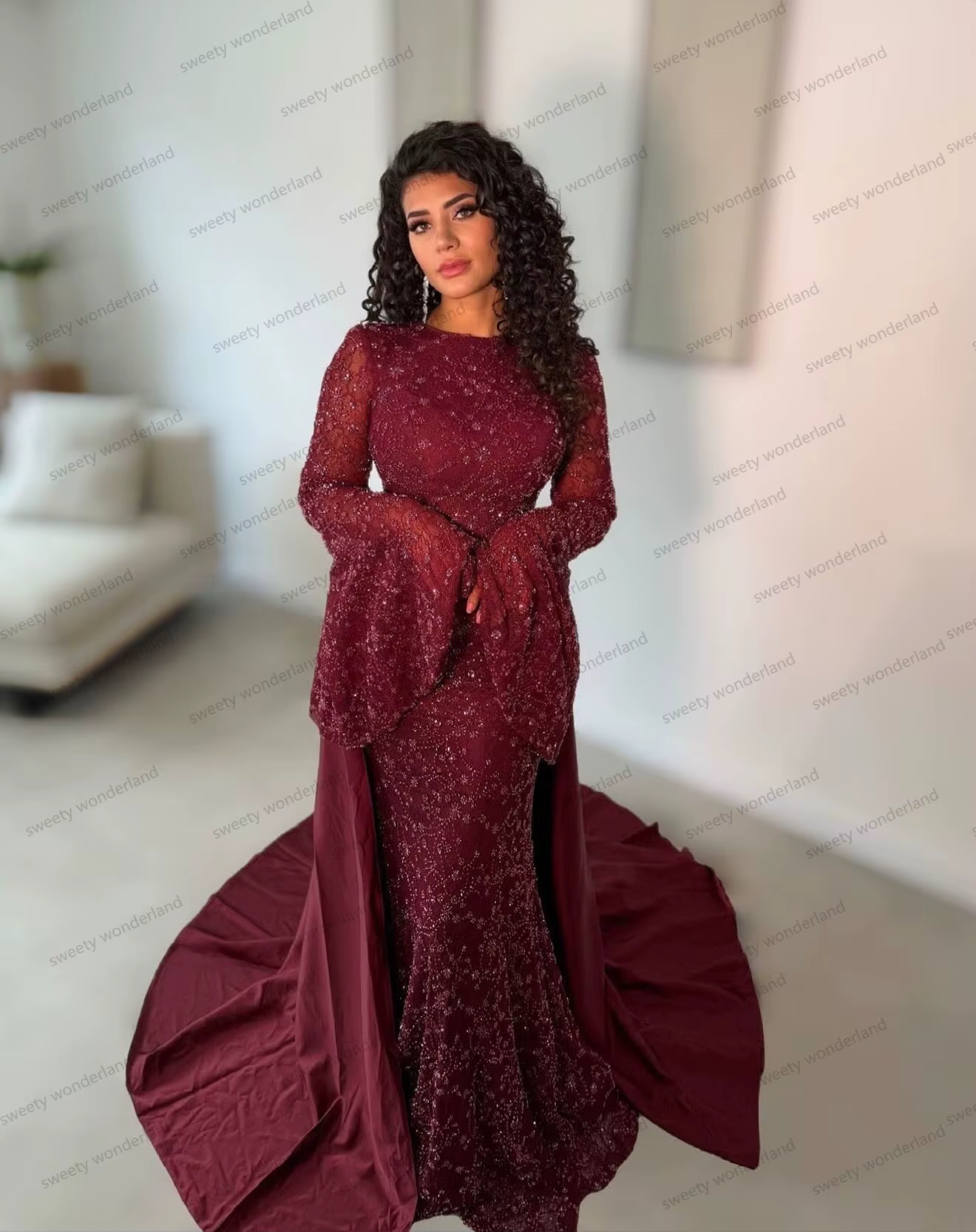 Robes de soirée bordeaux en dentelle et sequins avec traîne détachable, manches longues, robe de bal
