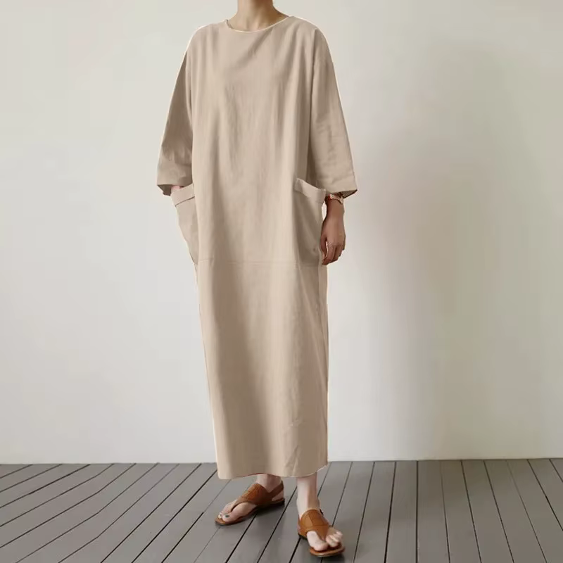Robe ample à manches longues et col rond pour femmes, Vintage, décontractée, longueur cheville, gile