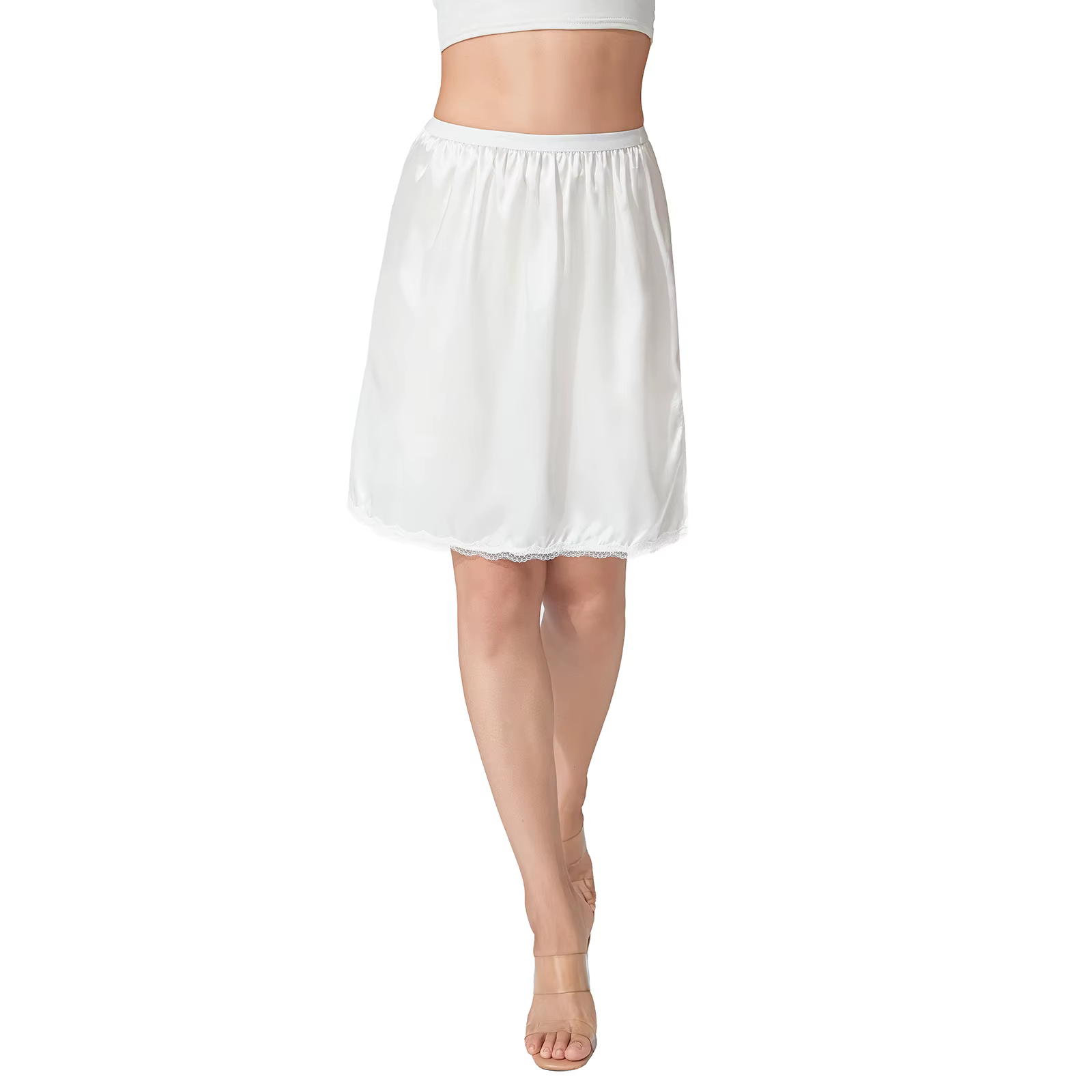 Jupes de couleur unie pour femmes, taille élastique, sous-jupe en Satin, garniture en dentelle, pour