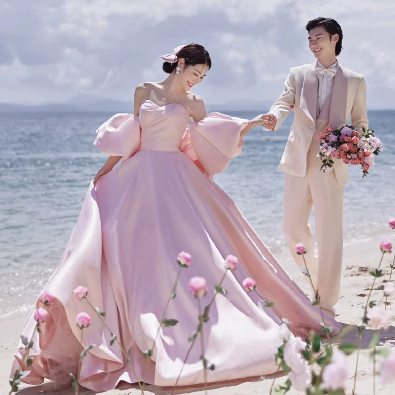 Robe de Soirée de Mariage en Satin Rose Clair, Jupe Bouffante à Longue Queue, Photo Personnalisée