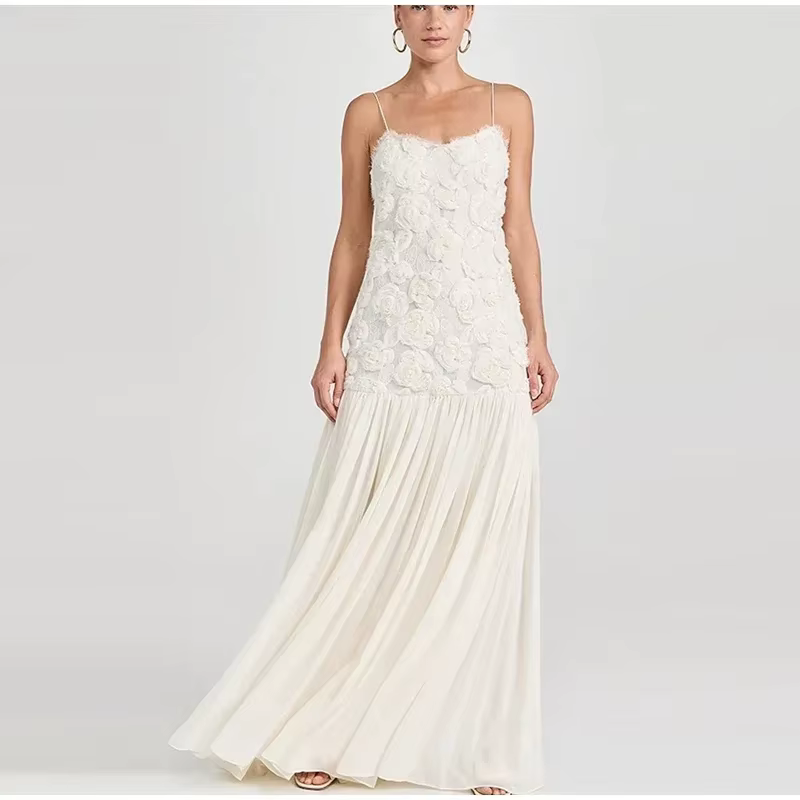 Robe longue élégante à fleurs 3D pour femmes, mode Patchwork plissé, écharpe, Robes de soirée, dos n