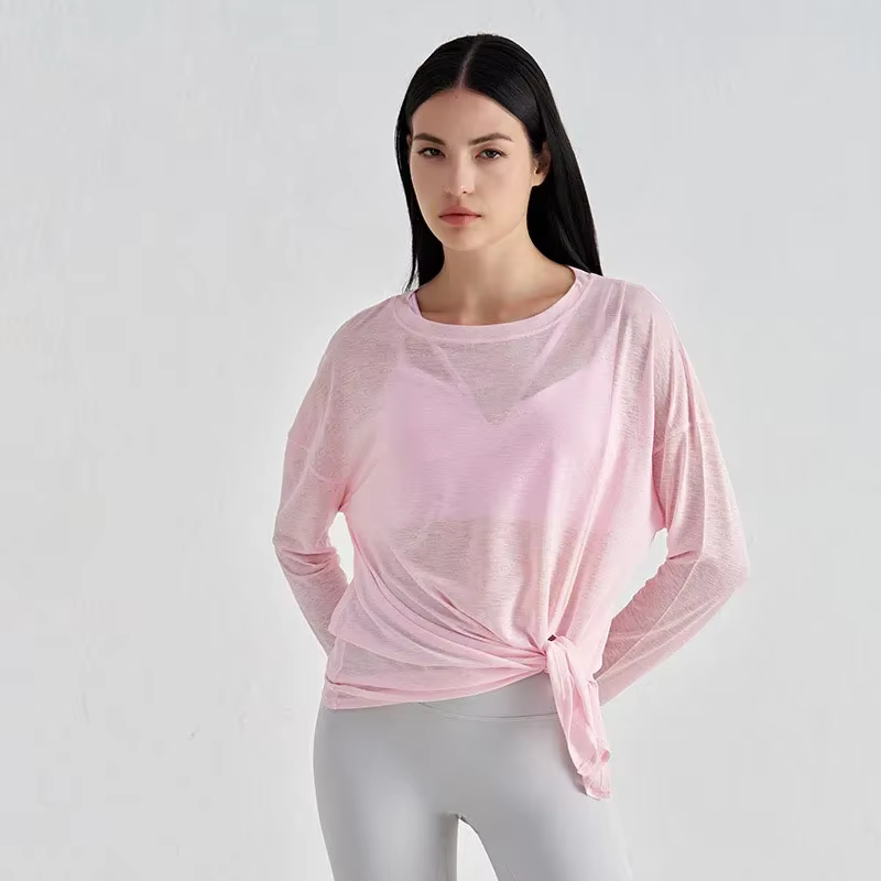 T-shirt de sport à manches longues pour femme, respirant, sexy, dos nu, séchage rapide, pour la cour