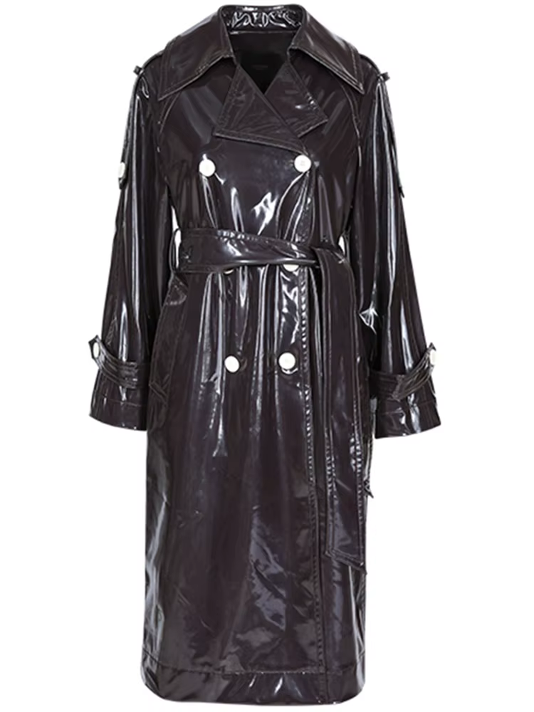 Manteau long imperméable en cuir verni noir Nerazzurri pour femmes 2020, manteau en cuir surdimensio
