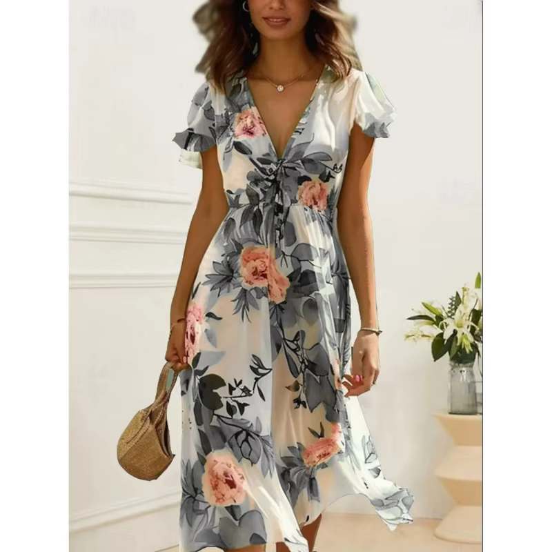 Robe d'été mi-longue imprimée à manches courtes, à la mode et décontractée, imprimé Floral, col en v