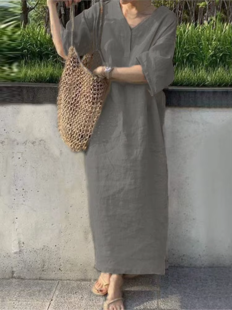 Robe longue vintage en coton et lin pour femmes, manches courtes, col en V, solide, document décontr