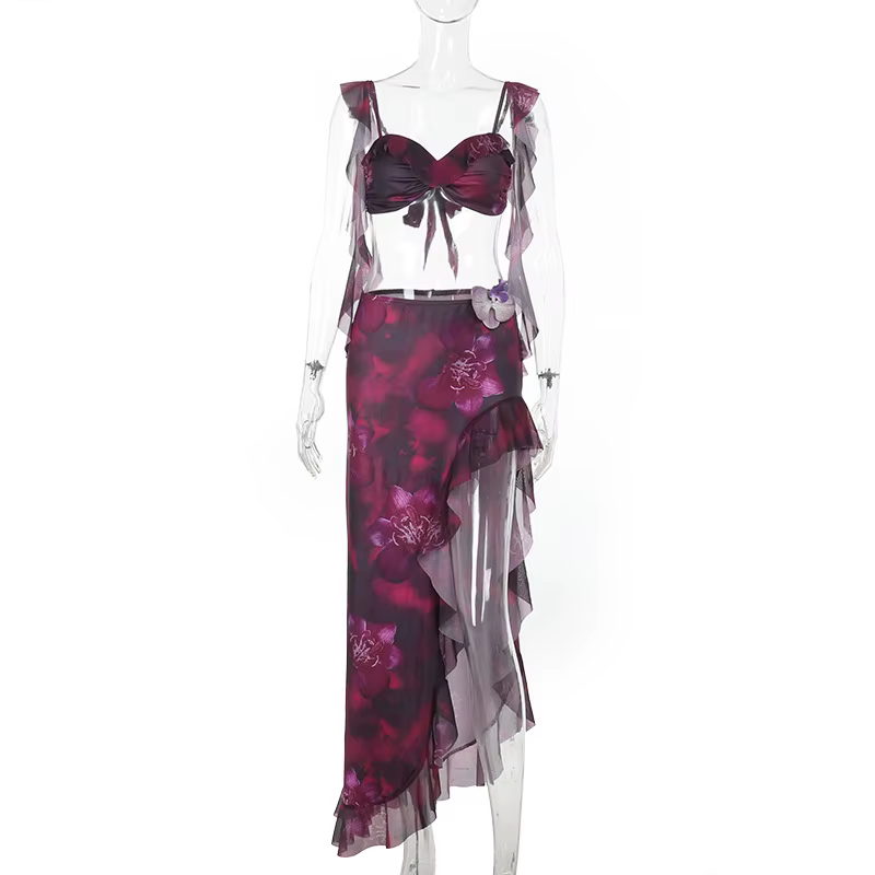 Ensemble imprimé à volants 2026 Nouvelle collection été – Ensemble jupe fendue sexy