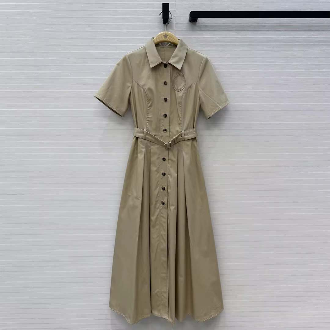 Nouvelle Robe Longue Élégante Kaki pour Femme, Col Revers, Manches Courtes, Boutonnage Simple, Taill