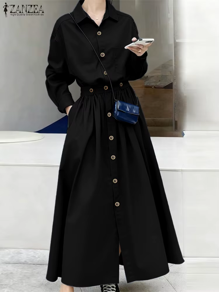 ZANZEA mode femmes à manches longues chemise robes 2025 automne solide Maxi Robe revers boutons tail