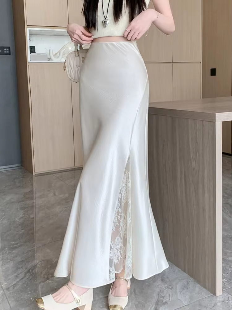 Jupe longue en satin doux pour femme, élégante, avec patchwork en dentelle, taille haute, style sirè