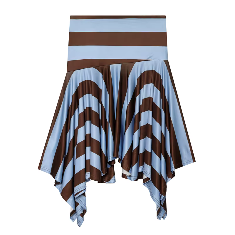 Jupe rayée pour femmes, jupe d'été asymétrique à taille haute avec volants, jupe midi bleue décontra