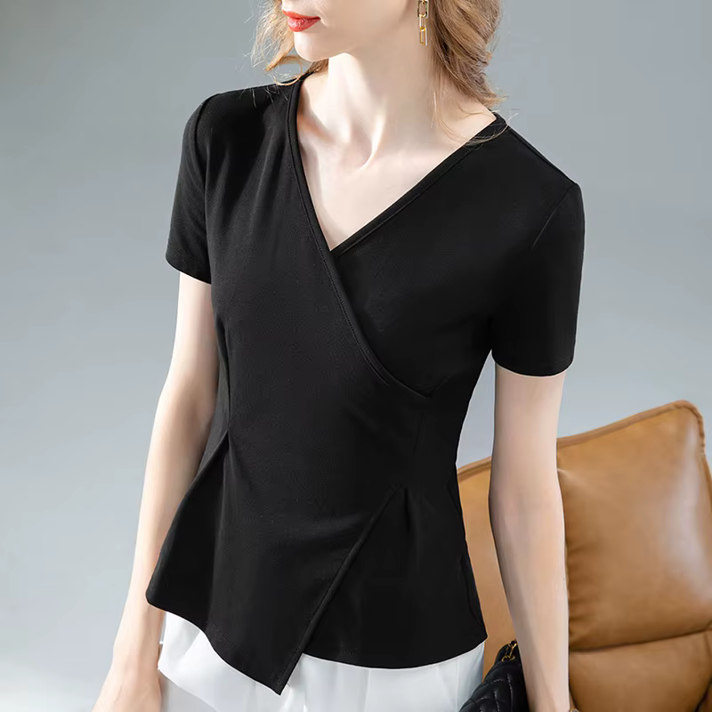 T-shirt à manches courtes pour femmes, col en V croisé, chemises de travail sexy en coton, nouvelle