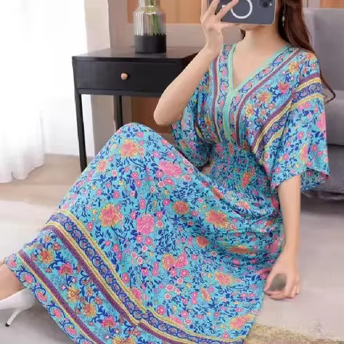 Robe longue ethnique bohème pour femmes, mélange de coton, floral Él, manches courtes, col en V, vin
