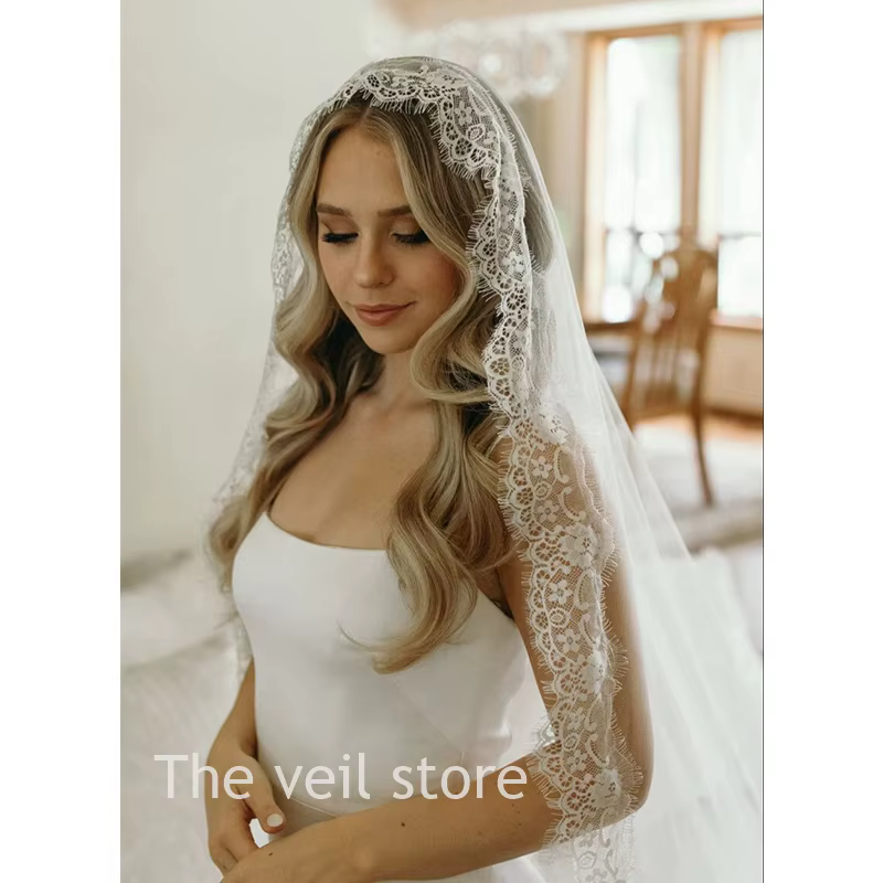 Voile de mariée mantille ivoire, garniture en dentelle, cils complets, chapelle Vintage, accessoires