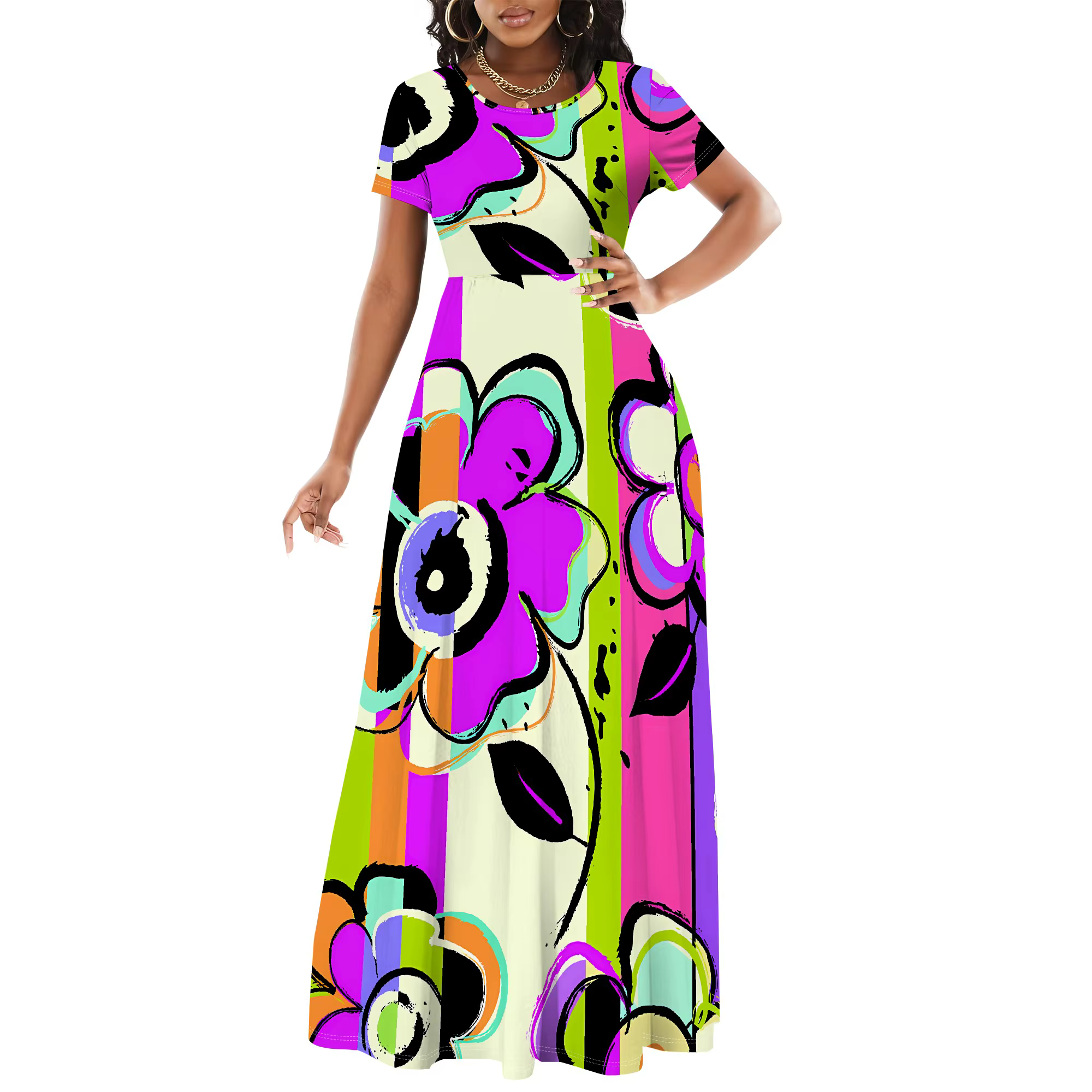 Femmes à manches courtes cou femmes et Bel robe longue mode imprimé ourlet fendu Club fête décontrac