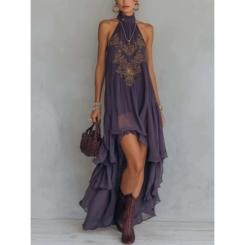 Robe longue violette brodée à col montant sans manches avec volants, robe de soirée maxi printemps-é