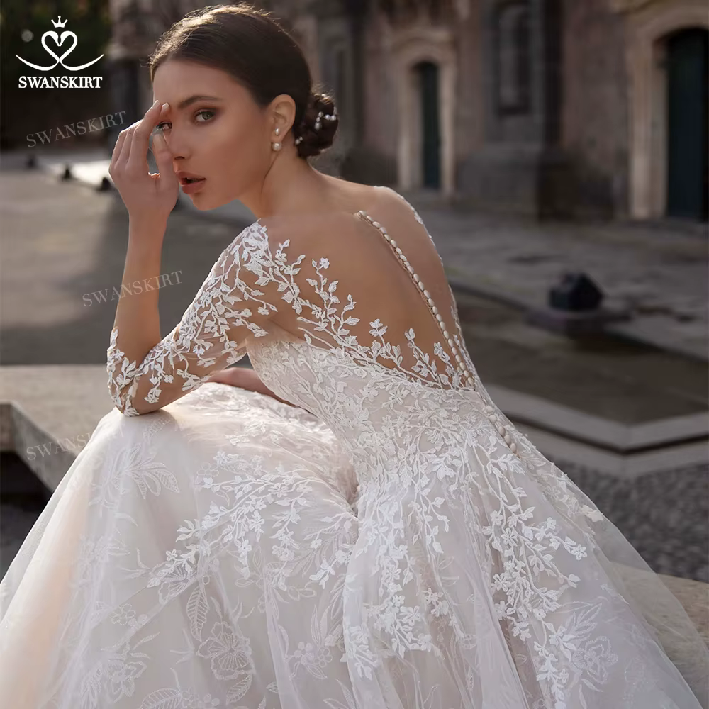Robe de mariée à manches longues en dentelle, ligne A, avec appliques, robe de mariée personnalisée 