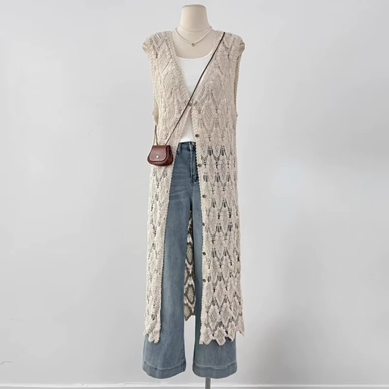 Robe longue Vintage en dentelle ajourée au Crochet pour femmes, sans manches, en coton tricoté, styl
