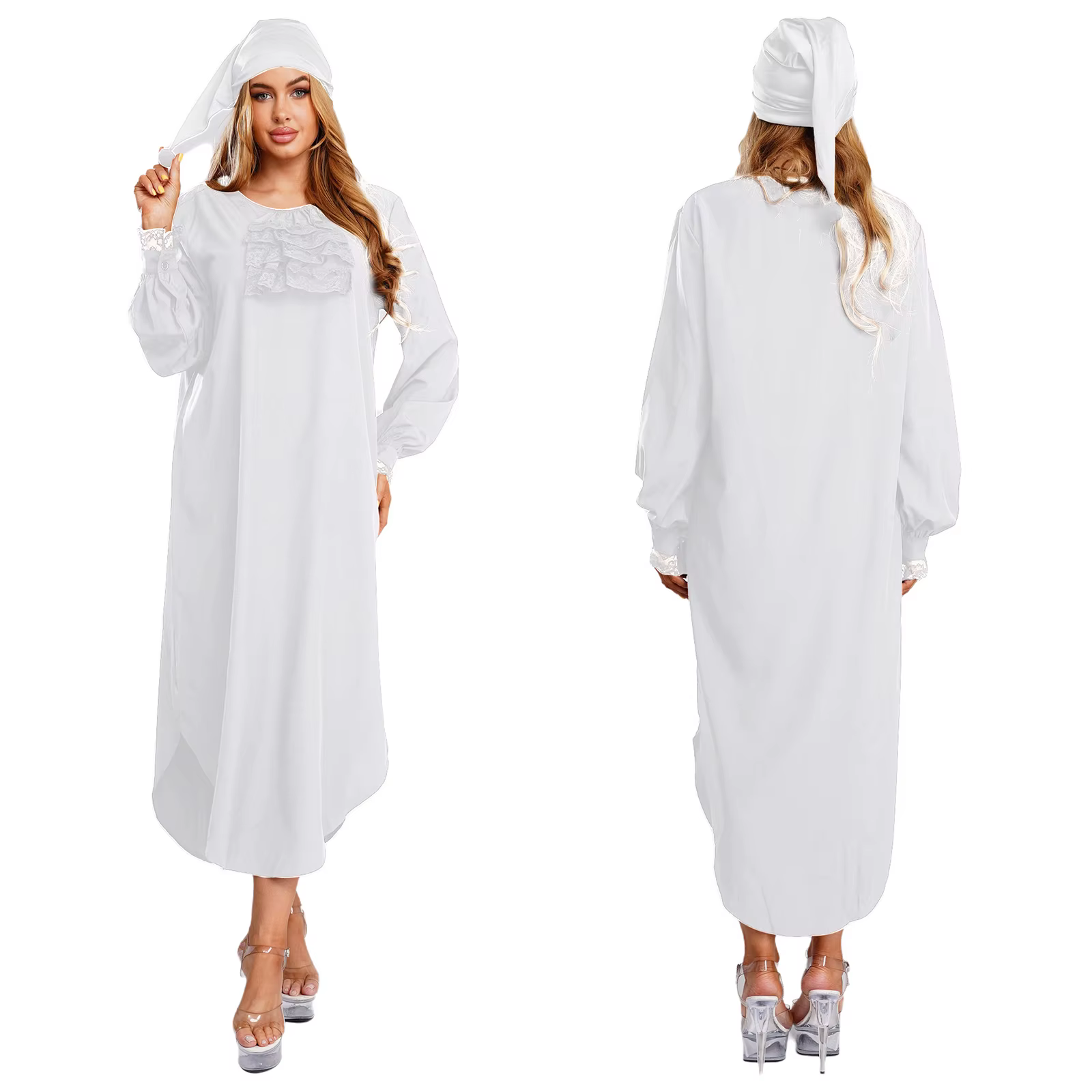 Chemise de nuit pour femmes, Costume de nuit, manches longues, garniture en dentelle, col à volants,