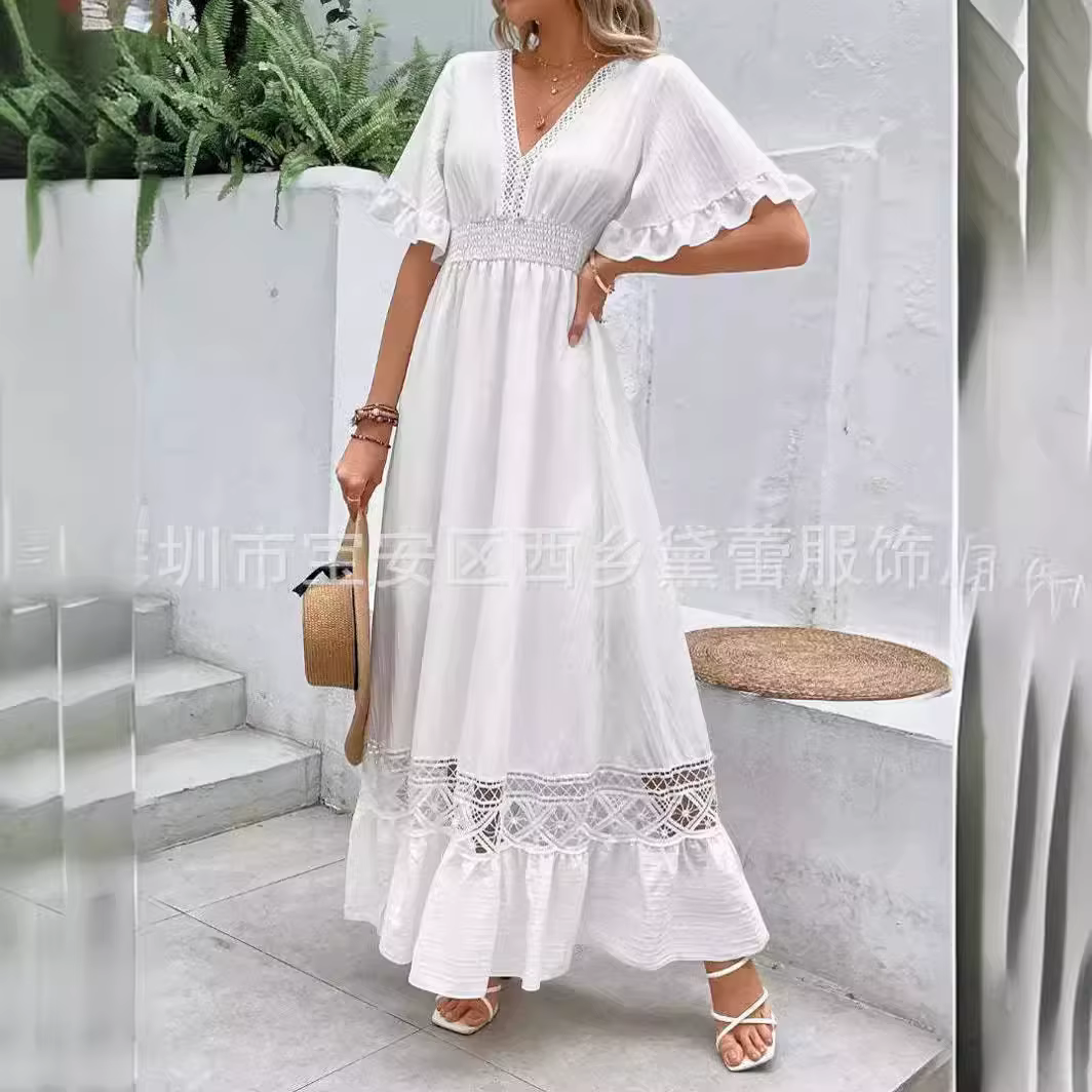 Robe longue blanche pour femmes, ligne A, col en V, manches courtes, épissure élégante, tempérament 