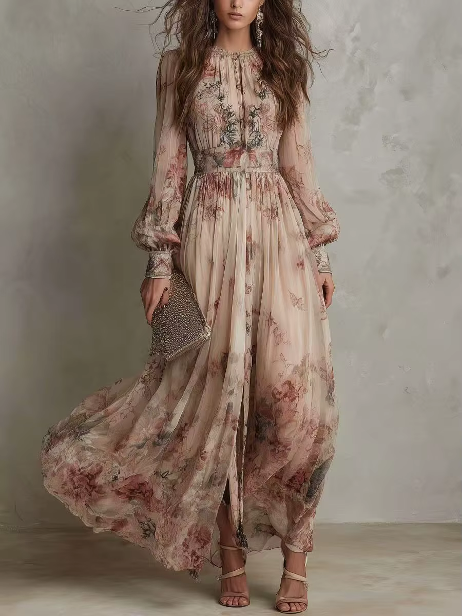 Robe longue plissée bohème vintage imprimée, col rond, manches longues, grande jupe évasée, pour fem