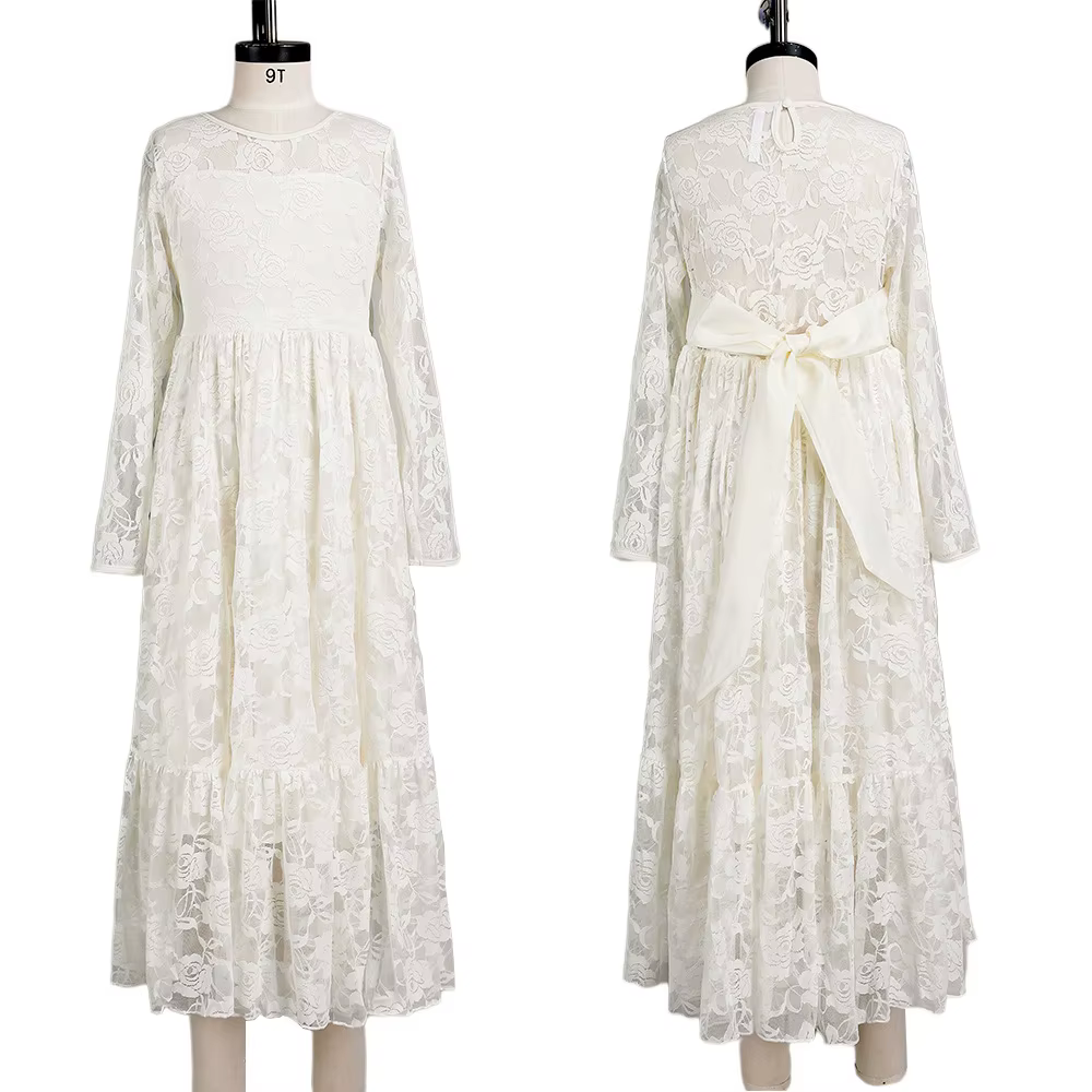 Robe élégante pour filles, manches longues, dentelle, Rose brodée, robe de princesse, vêtements pour