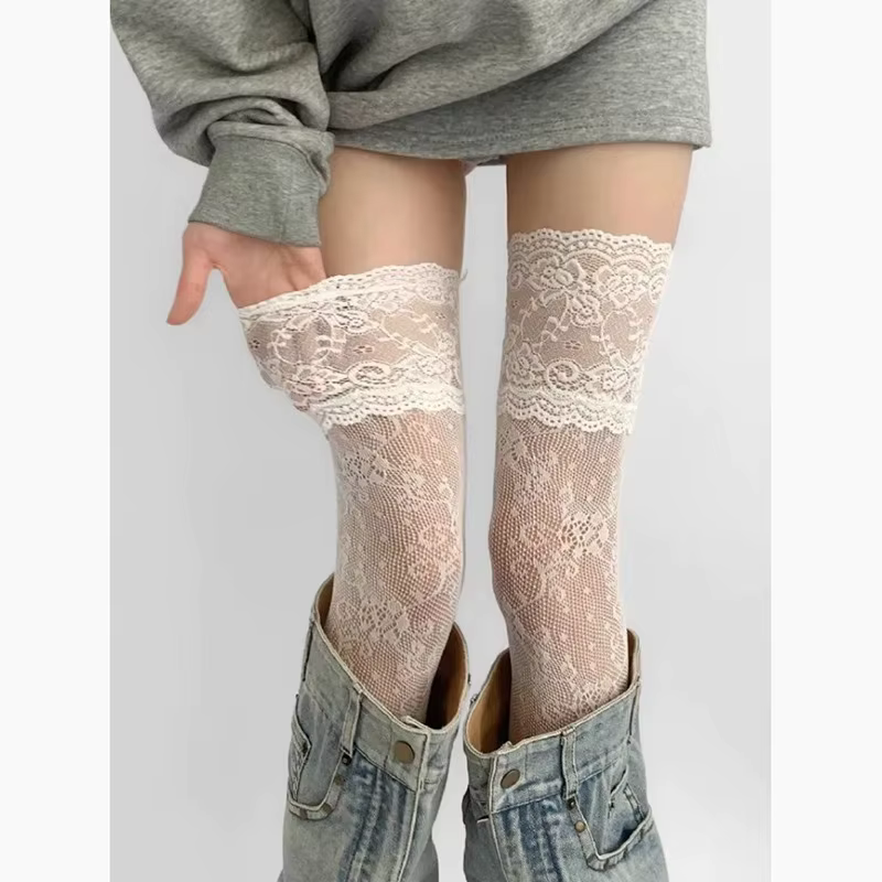 Bas résille en Nylon pour femmes, Sexy, garniture en dentelle, rétro, Floral, maille douce, respiran
