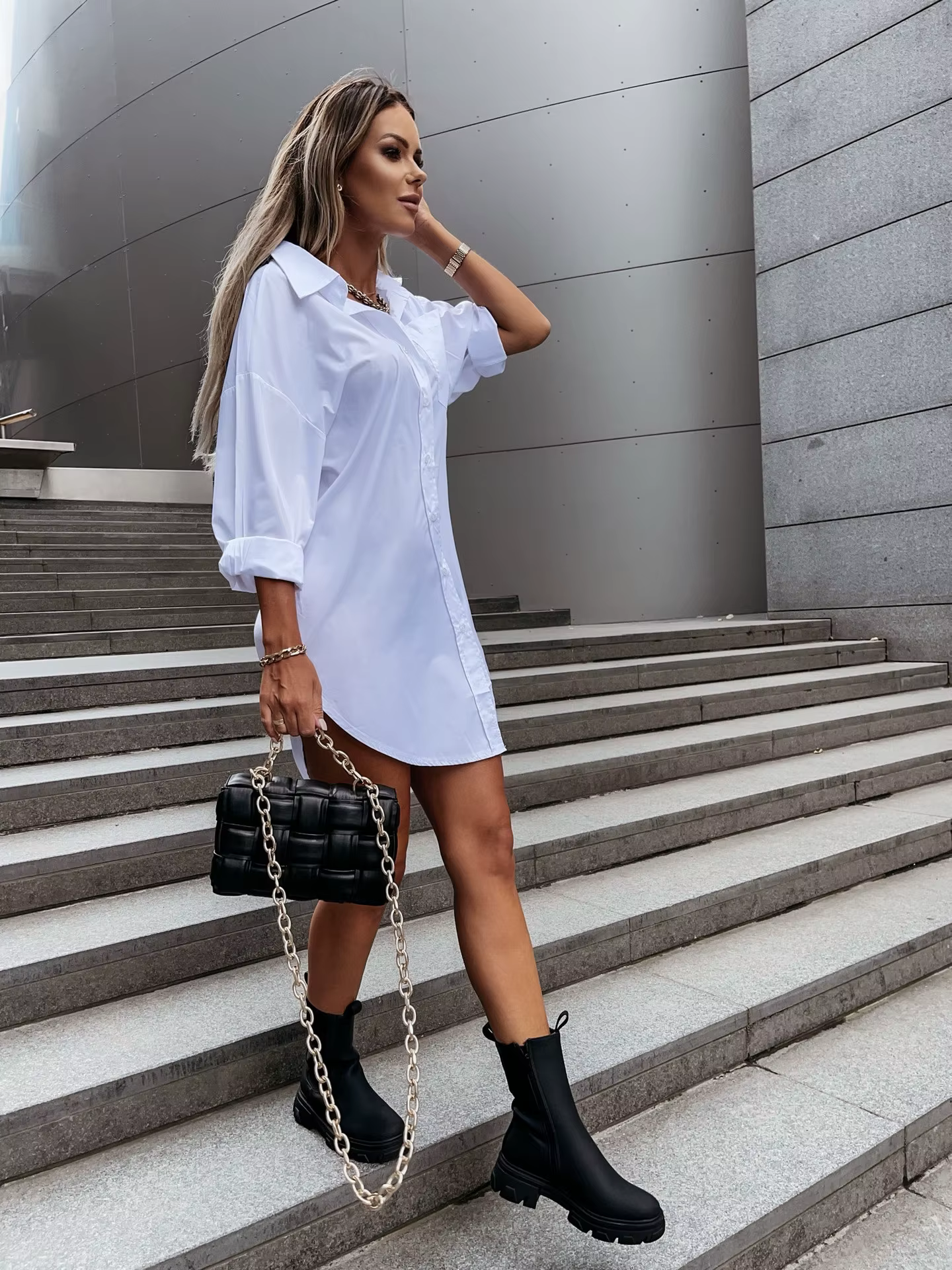 Robe chemise à boutons sur le devant pour femmes, couleur unie, robe décontractée à revers à manches
