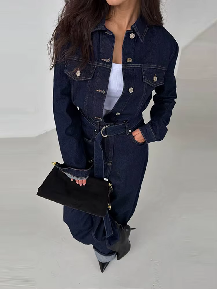 Combinaisons en jean pour femmes, à revers, manches longues, simple boutonnage, avec ceinture, panta