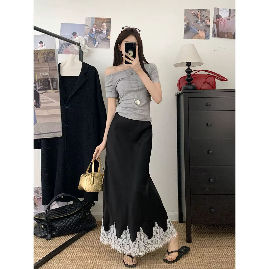 Jupes longues élégantes pour femmes, taille haute, dentelle, Satin, ligne a, mode coréenne, couleur 
