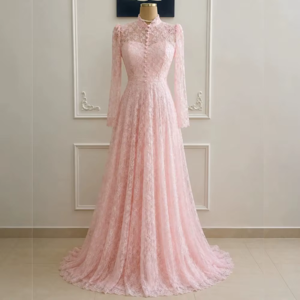 Robes de mariée personnalisées de haute qualité à manches longues, en dentelle, boutonnées, coupe tr