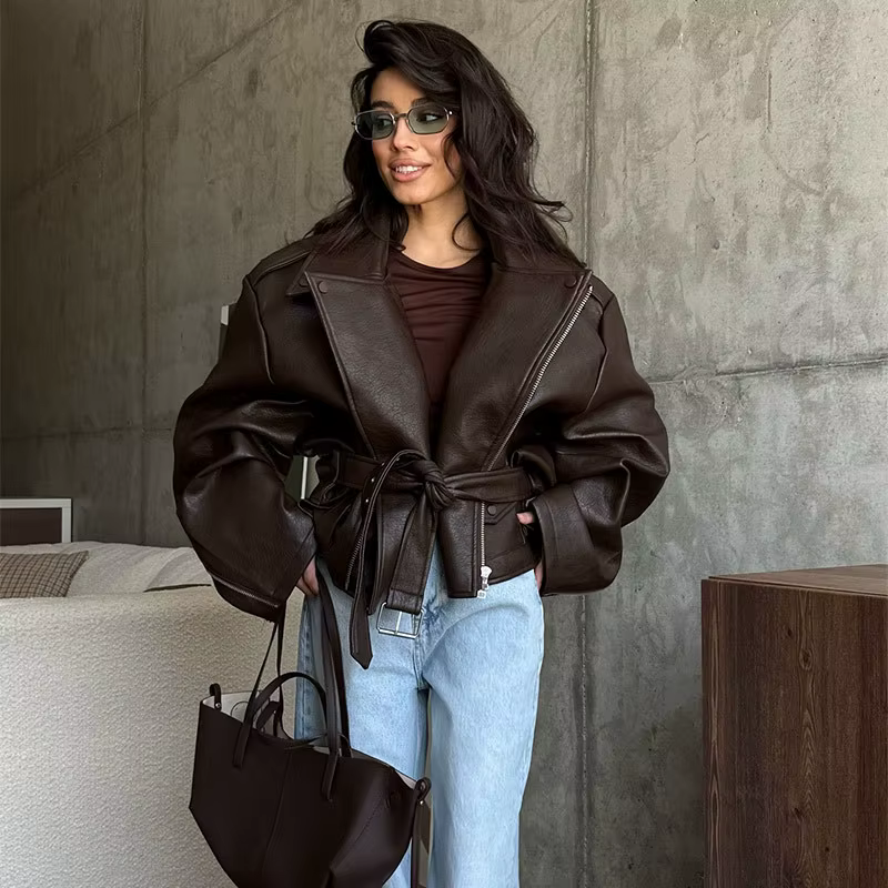 Vestes en cuir PU à revers rétro avec ceinture pour femmes, décontractées, amples, manches longues,