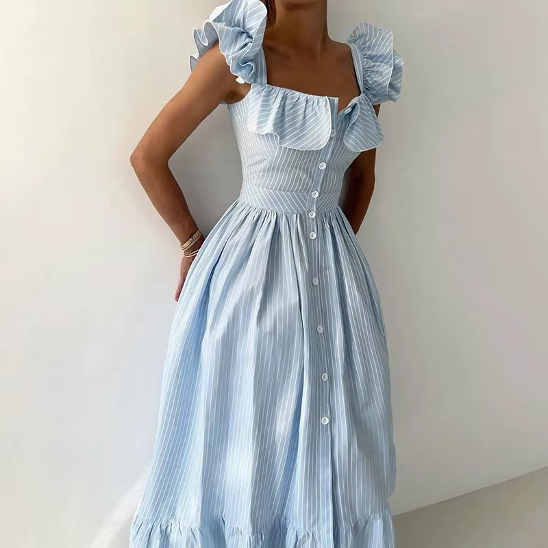 Robe longue rayée élégante pour femmes, couleur unie, col en v, sans manches, simple boutonnage, dra
