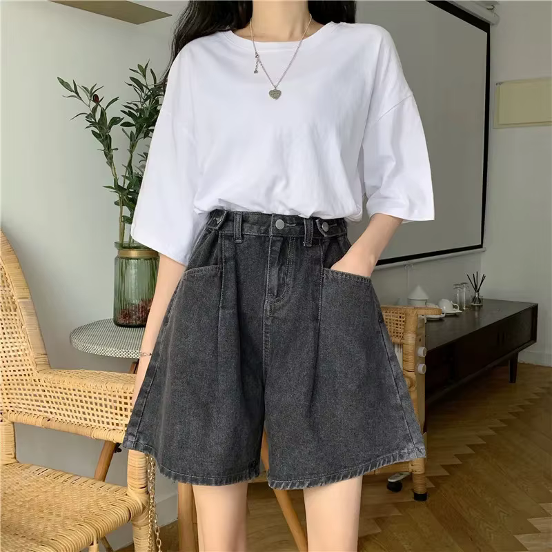 Jean taille haute coupe droite pour femme, short polyvalent d'été ample grande taille amincissant, s