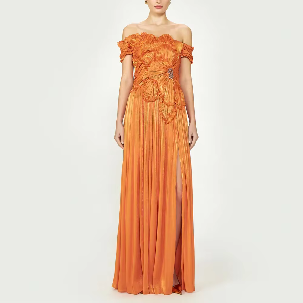 Robe de soirée Orange, épaules dénudées, ligne A plissée, Sexy, robe de bal formelle, fente sur les 