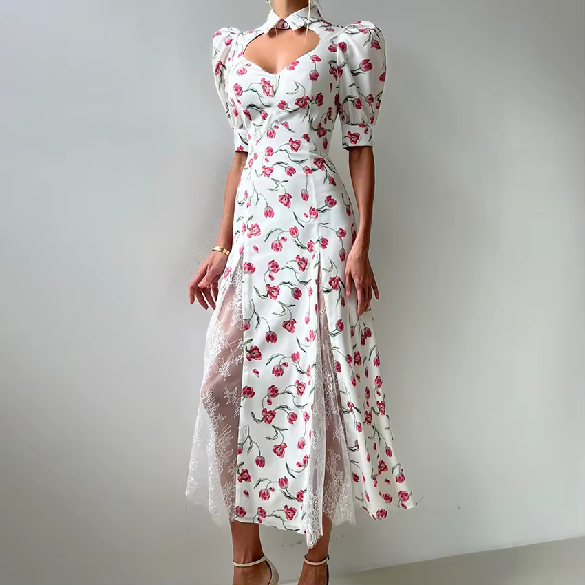Robe longue en dentelle à imprimé élégant pour femmes, robe de soirée à manches courtes, taille haut