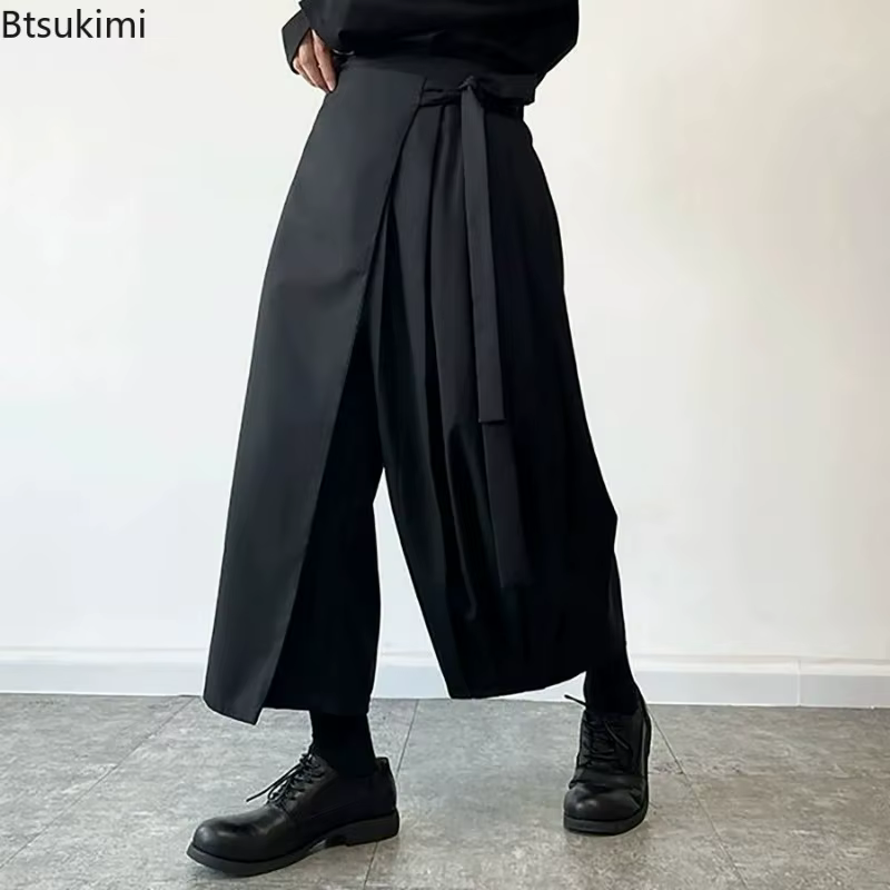 Rétro Style foncé hommes jupe pantalon jambe large mode Baggy pantalon Kendo culottes couleur unie à