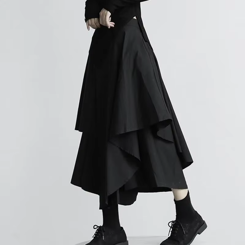 Femmes jupes noires japonais gothique irrégulière taille haute jupe plissée pantalon pour femmes Vin