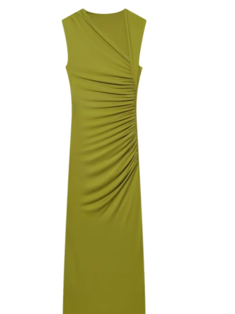 Robe moulante asymétrique sexy pour femme, élégante, unie, sans manches, plissée, taille haute, long