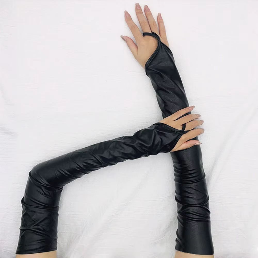 Mitaines fines et longues en cuir Pu, couleur unie, pour discothèque, Cosplay, sans doigts