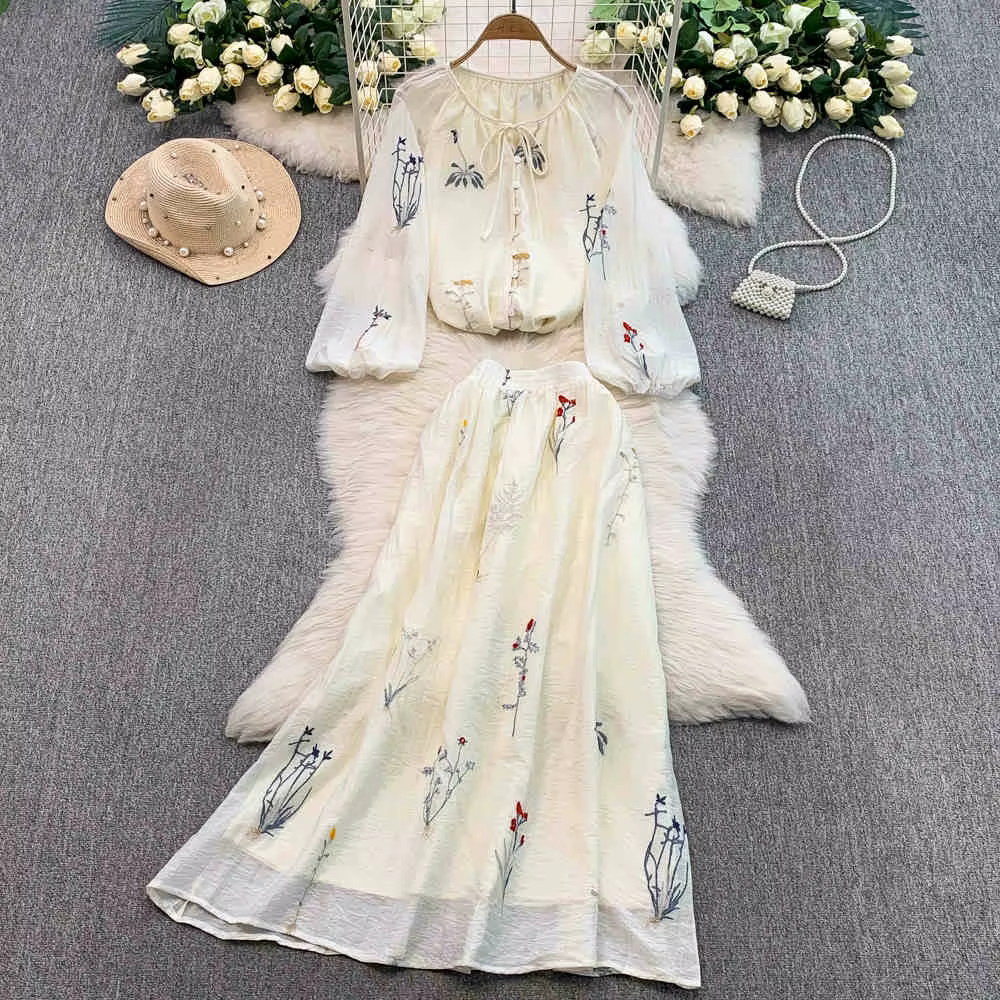 Ensemble deux pièces jupe brodée pour femmes, col rond, simple boutonnage, chemise à manches longues