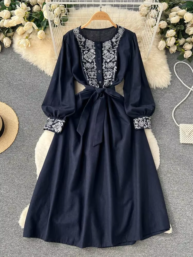 Robe longue en coton et lin pour femme, style folklorique bohème, broderie, taille vintage, vacances