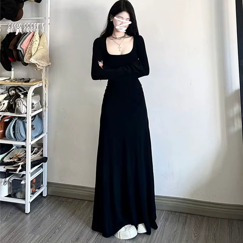 Robe longue noire à manches longues pour femmes, robes Maxi, tempérament amincissant, mode coréenne,