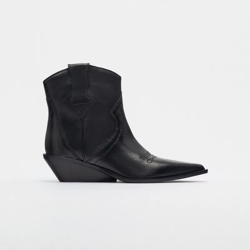 Bottines Chelsea à bout pointu pour femme en cuir de vachette noir à talons hauts, style britannique