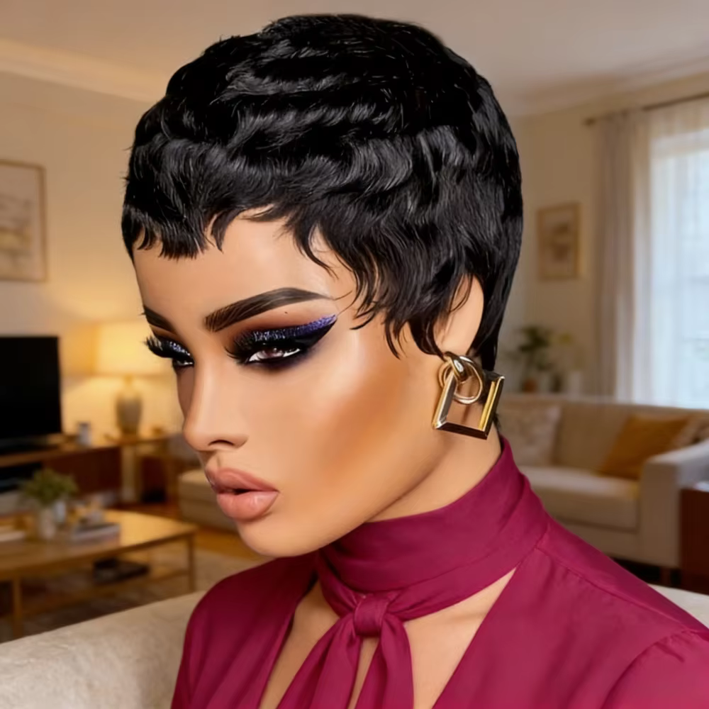 Perruque courte coiffure fée femme | Cheveux humains de densité 150%, capuchon en filet Rose, enti