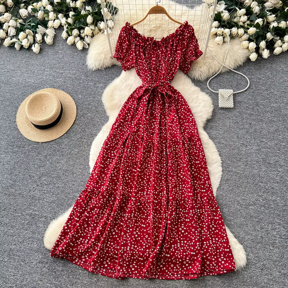 Robe longue femme coupe trapèze Y2K streetwear col rond manches courtes imprimée élégante pour soiré